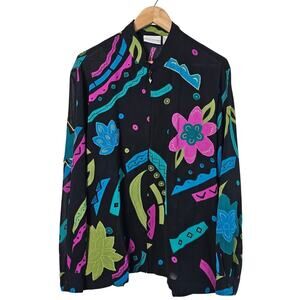 Y2K Alfred Dunner Blazer Women Size 18 Black Floral Whimsical Abstract Indie